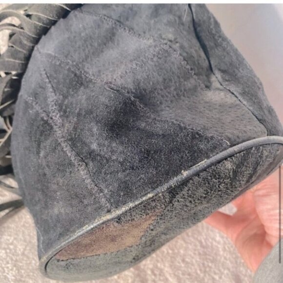 Vintage Leather Patchwork Black Brown Colour Block Bucket Bag Purse With Fringe - Picture 10 of 12